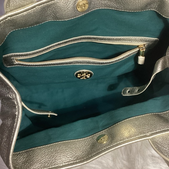 SOLD……..Tory Burch Signature Metallic Gold Thick Leather Satchel Tote Bag - Picture 9 of 11